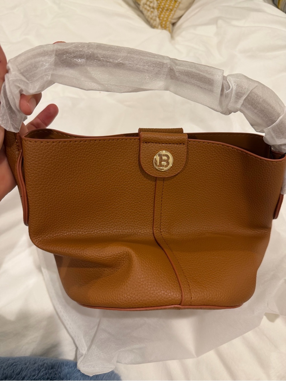 Pebbled Brown Leather Shoulder Bag with Gold 'B' Accent